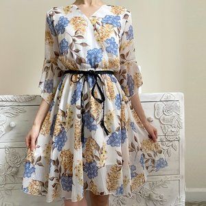 Cream White Chiffon Dress w/ Yellow & Blue Flowers